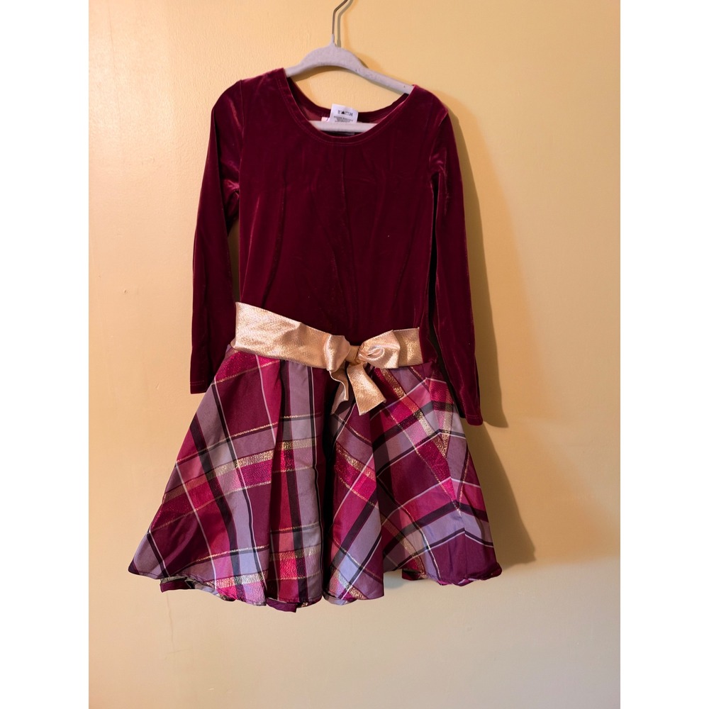 Bonnie Jean Girls Burgundy Velvet Plaid Gold Bow Holiday Dress Size 6 X65153-DL